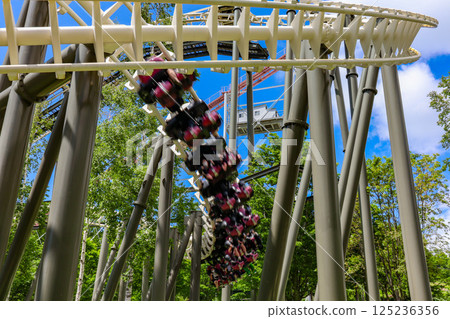 On a clear summer day, the suspended roller coaster Hurricane at Rusutsu Resort in Hokkaido 125236356