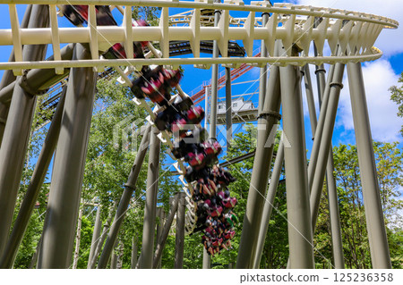 On a clear summer day, the suspended roller coaster Hurricane at Rusutsu Resort in Hokkaido 125236358