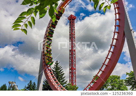 On a clear summer day, the suspended roller coaster Hurricane at Rusutsu Resort in Hokkaido 125236360