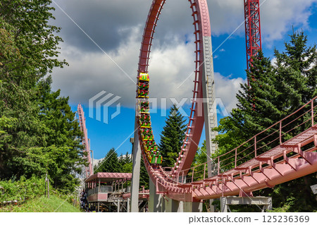 On a clear summer day, the suspended roller coaster Hurricane at Rusutsu Resort in Hokkaido 125236369
