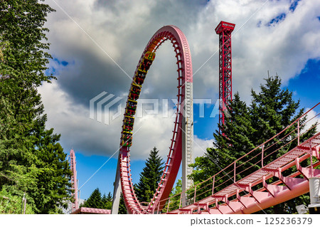 On a clear summer day, the suspended roller coaster Hurricane at Rusutsu Resort in Hokkaido 125236379