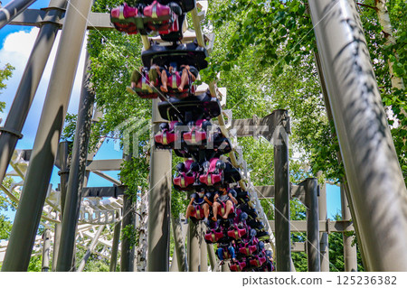 On a clear summer day, the suspended roller coaster Hurricane at Rusutsu Resort in Hokkaido 125236382