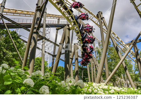 On a clear summer day, the suspended roller coaster Hurricane at Rusutsu Resort in Hokkaido On a clear summer day, the suspended roller coaster Hurricane at Rusutsu Resort in Hokkaido 125236387