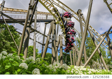 On a clear summer day, the suspended roller coaster Hurricane at Rusutsu Resort in Hokkaido On a clear summer day, the suspended roller coaster Hurricane at Rusutsu Resort in Hokkaido 125236388