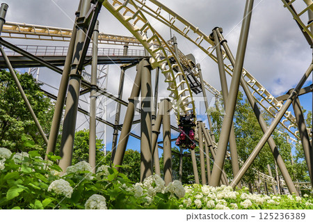 On a clear summer day, the suspended roller coaster Hurricane at Rusutsu Resort in Hokkaido 125236389