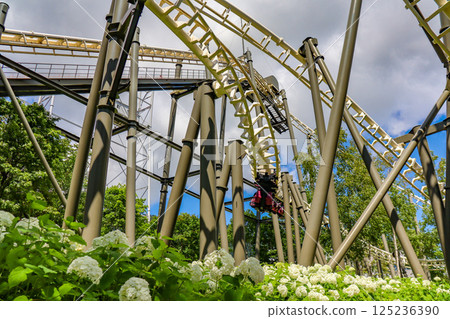 On a clear summer day, the suspended roller coaster Hurricane at Rusutsu Resort in Hokkaido 125236390