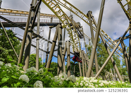 On a clear summer day, the suspended roller coaster Hurricane at Rusutsu Resort in Hokkaido 125236391