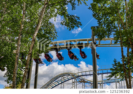 On a clear summer day, the suspended roller coaster Hurricane at Rusutsu Resort in Hokkaido 125236392
