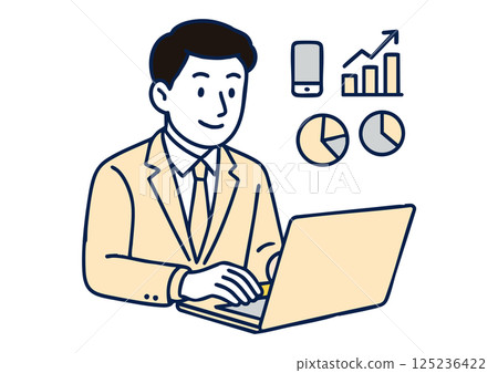 Illustration of a businessman working on a laptop (with graphs and documents) 125236422