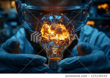 Scientist and glowing light bulb brain representing an explosion of ideas 125236542