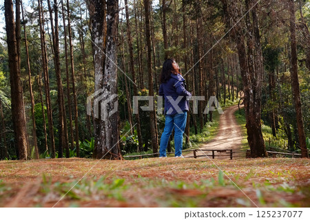 Traveler Asian young girl standing and happy on dry lawn field in beautiful pine forest and curve walking route path trail on the mountain in Thailand 125237077
