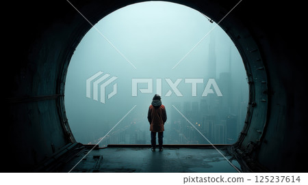 person stands in tunnel overlooking foggy cityscape person stands in tunnel overlooking foggy cityscape 125237614