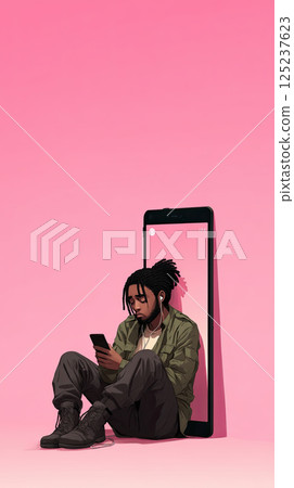 person sits against giant phone screen, absorbed in their device person sits against giant phone screen, absorbed in their device 125237623