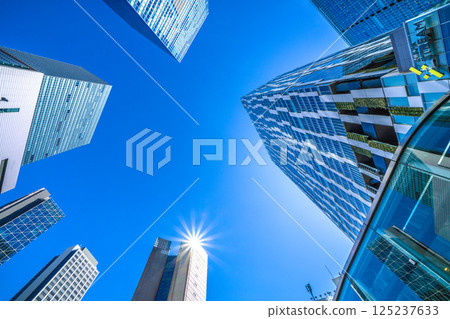 Tokyo cityscape in Japan: View of buildings including Shibuya Scramble Square and Shibuya Hikarie in front of Shibuya Station 125237633