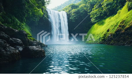 A waterfall is flowing into a body of water 125237854