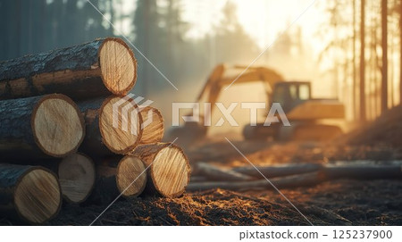 砍伐的樹木和挖掘機01 砍伐的樹木和挖掘機01 125237900