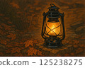 Autumn, lantern near a stream, flickering lights, illustration 125238275