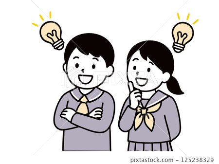 Illustration of a middle school boy and girl who have an idea (uniform, light bulb, idea) Illustration of a middle school boy and girl who have an idea (uniform, light bulb, idea) 125238329