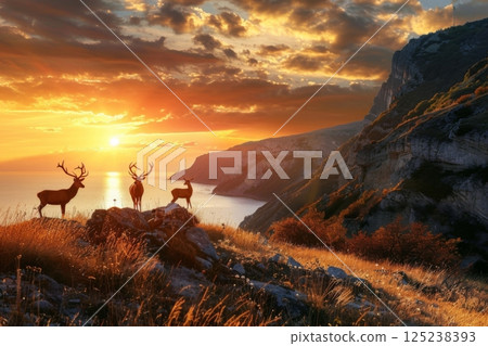 Golden Sunset Over Coastal Hills with Deer 125238393