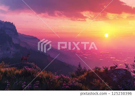 Golden Sunset Over Coastal Hills with Deer 125238396