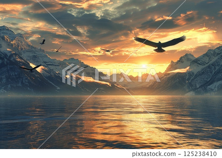 Eagle Soaring at Sunset Over Ocean 125238410