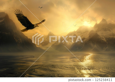 Eagle Soaring at Sunset Over Ocean 125238411