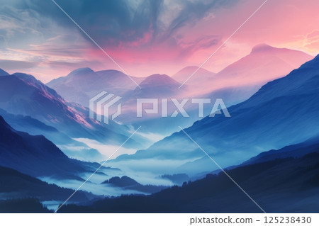 Purple Twilight Over Snowy Mountain Range 125238430