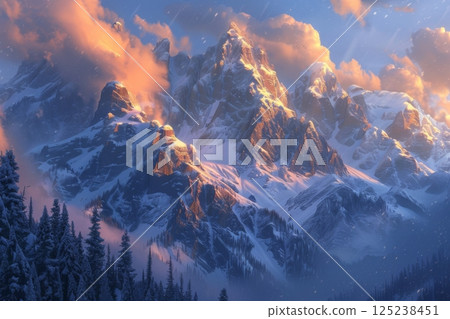 Sunlit Snowy Peaks in Winter Wonderland 125238451