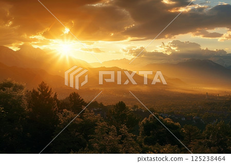 Sunset Over Rolling Hills and Green Valleys 125238464