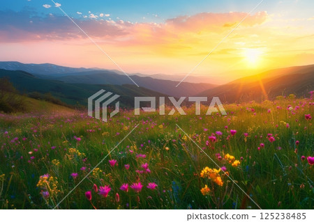Sunrise Over Blooming Wildflower Meadow in Mountains Sunrise Over Blooming Wildflower Meadow in Mountains 125238485