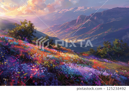 Scenic Sunset Over Colorful Flower Field 125238492