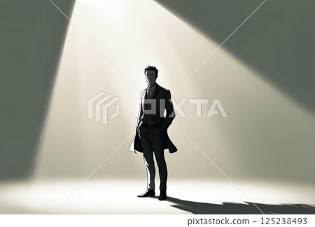Illustration of the silhouette of a man wearing a coat illuminated by light 125238493