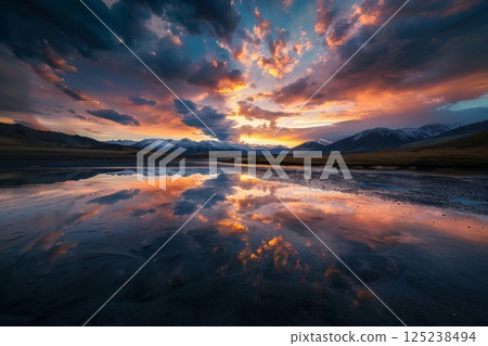 Stunning Sunset Over Mountain Reflection 125238494