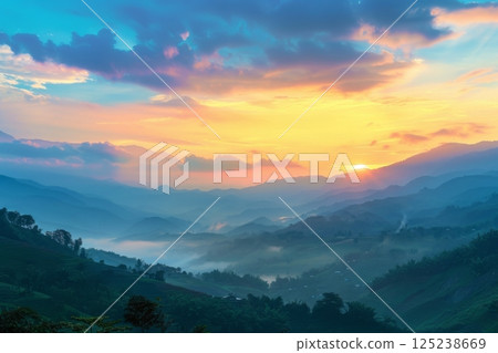 Misty Mountain Range at Sunrise 125238669