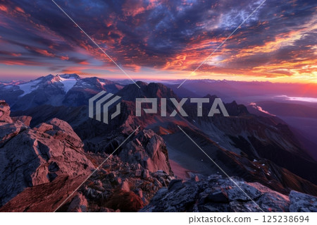 Dramatic Sunset Over Rocky Mountain Range 125238694