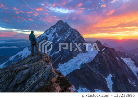A mountain range with a beautiful orange sky in the background 125238696