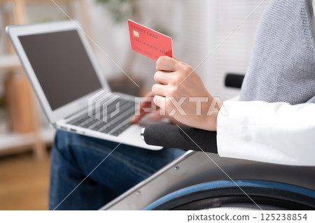Woman in wheelchair doing online shopping Woman in wheelchair doing online shopping 125238854