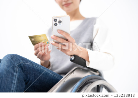 Woman in wheelchair holding smartphone and card Woman in wheelchair holding smartphone and card 125238918