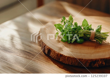 Fresh herbs tied with a string on rustic wood, featuring basil, thyme and parsley for culinary prep 125239107