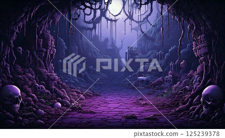 復古遊戲風格自然像素藝術背景（惡魔巢穴）生成式人工智慧 125239378