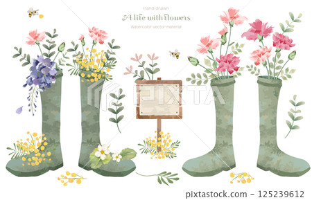 附花束的園藝靴水彩插圖 125239612