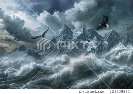 A bird flies over a mountain range with clouds in the sky 125239821