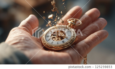 A close-up of a hand holding a broken golden pocket watch, with pieces of it falling apart in mid-air, symbolizing the concept of time slipping away. Concept of loss and the fragility of time A close-up of a hand holding a broken golden pocket watch, with pieces of it falling apart in mid-air, symbolizing the concept of time slipping away. Concept of loss and the fragility of time 125239853