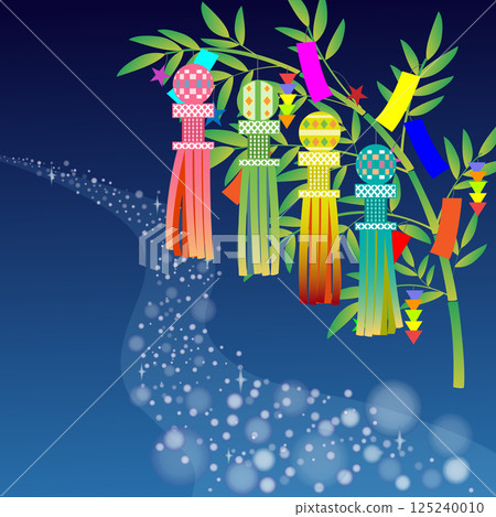 Illustration of bamboo decorations for Tanabata. Illustration of bamboo leaves, bamboo, streamers and glittering Illustration of bamboo decorations for Tanabata. Illustration of bamboo leaves, bamboo, streamers and glittering 125240010