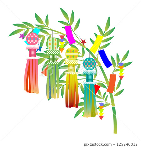 Illustration of bamboo decorations for Tanabata. Illustration of bamboo leaves, bamboo, streamers and glittering 125240012