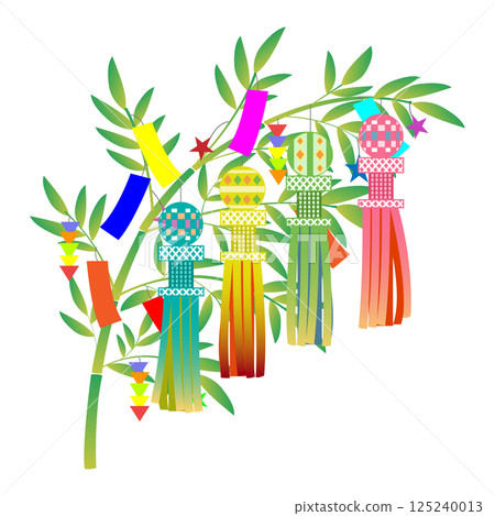 七夕竹子裝飾的插圖。竹葉、竹子、飄帶和閃閃發光的插圖 125240013