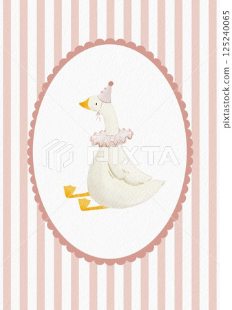 Cute goose illustration for a girl, featuring a festive hat and collar. This beige poster with an oval frame showcases a farm bird in a watercolor cottagecore style, perfect for kids' textile and 125240065