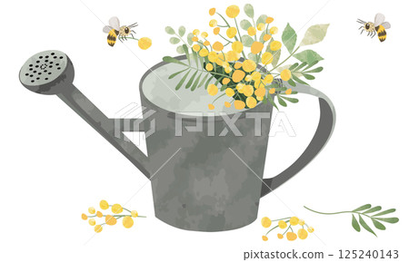 Illustration of a mimosa flower and a bee in a watering can (rough watercolor touch in a picture book style) Illustration of a mimosa flower and a bee in a watering can (rough watercolor touch in a picture book style) 125240143