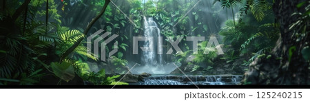 A lush green forest with a waterfall in the middle 125240215