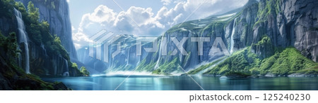 A beautiful mountain landscape with a large waterfall in the foreground 125240230